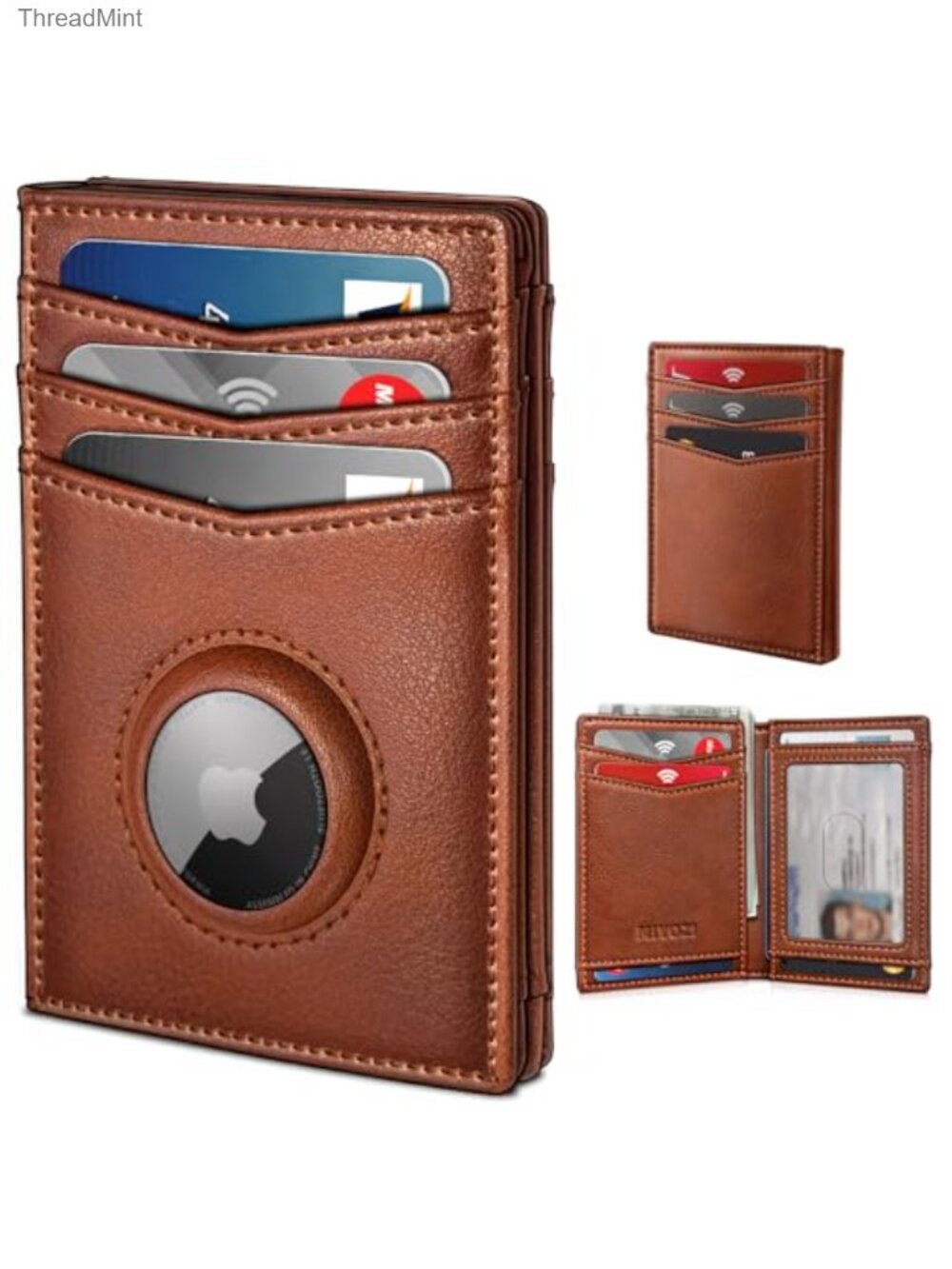 Slim Minimalist Genuine Leather Bifold Wallet RFID Blocking AirTag Pocket